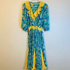 Vintage Colorful Floral Maxi Dress with Gorgeous Ruffles